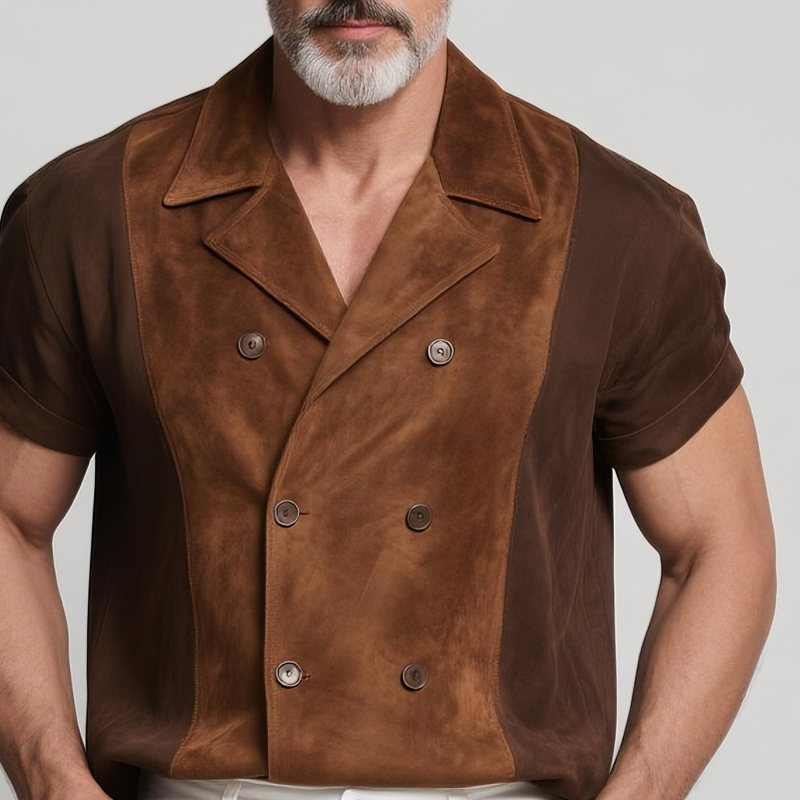 Men's Colorblock Faux Suede Lapel Short Sleeve Jacket DTT25073106