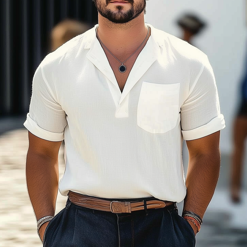 Men's Summer Business Cotton And Linen V-neck Short-sleeved T-shirt DTT25061102