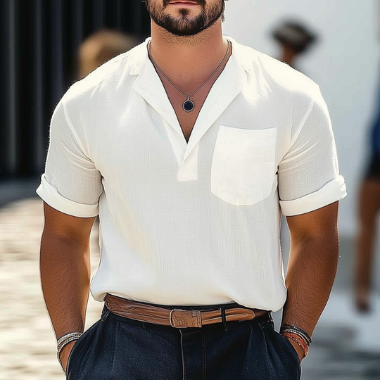 Men's Summer Business Cotton And Linen V-neck Short-sleeved T-shirt DTT25061102