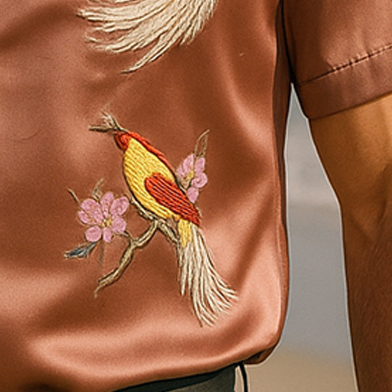 Men's Summer Fashion Satin Flower And Bird Embroidery Short Sleeve Shirt DTT25060403