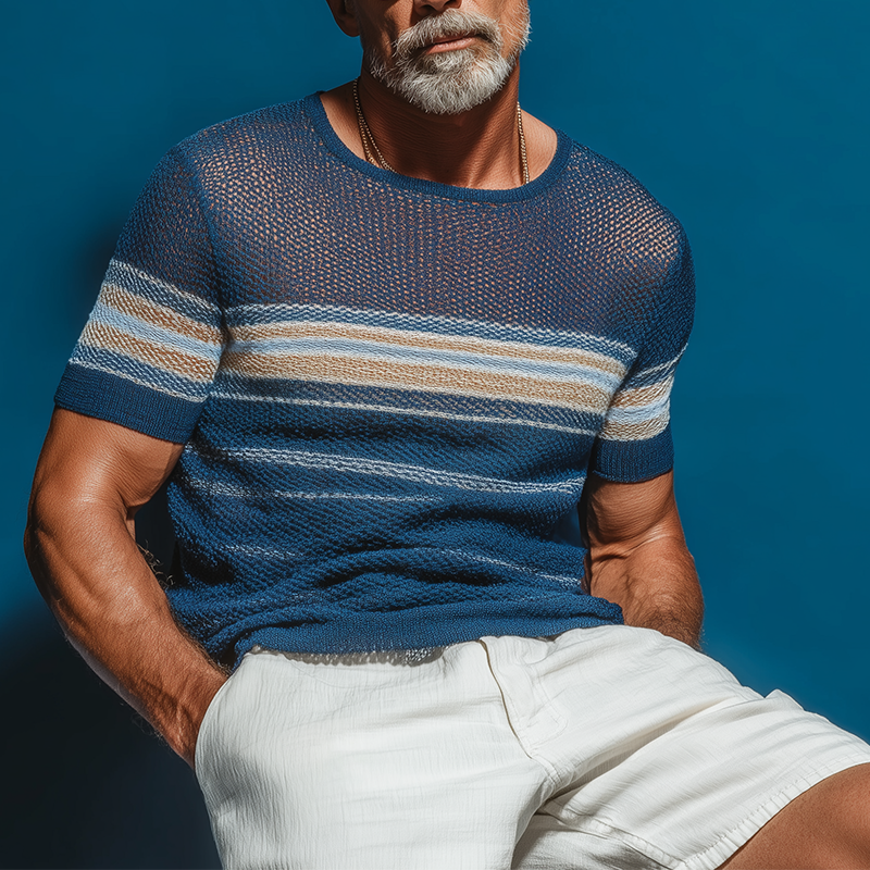 Men's Summer Retro Striped Knitted Hollow Short Sleeve T-Shirt DTT25072118