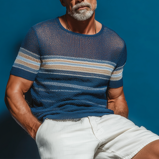 Men's Summer Retro Striped Knitted Hollow Short Sleeve T-Shirt DTT25072118