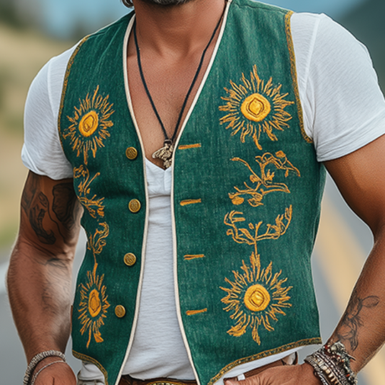 Men's Casual Retro American Western Style Cotton And Linen Embroidered Single Breasted Vest DTT25061717