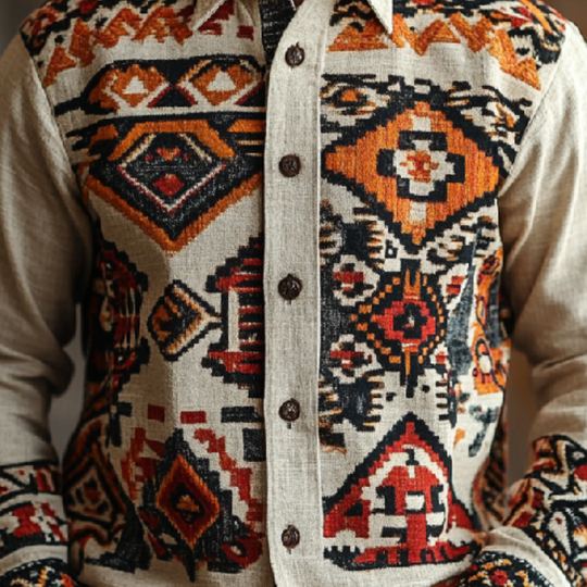 Men's Vintage Cotton and Linen Printed Lapel Long Sleeve Shirt 9901319159992
