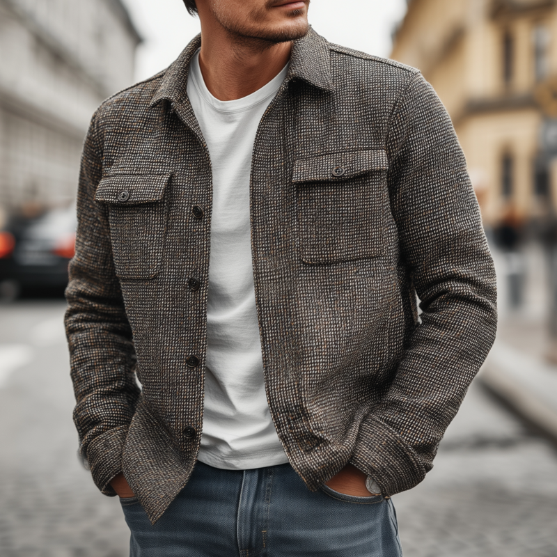 Men's Vintage Check Lapel Single Breasted Flap Pocket Loose Long Sleeve Shirt Jacket DTT25080408