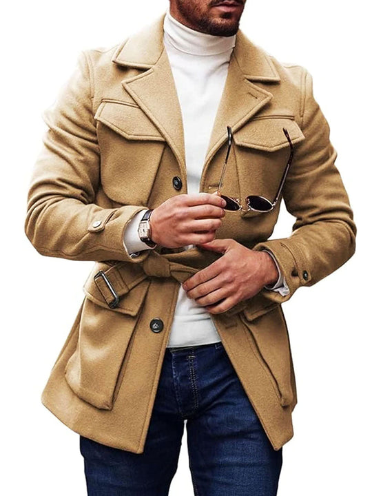 Men's Solid Color Multi-Pocket Lapel Lace-Up Woolen Coat 9888734085304