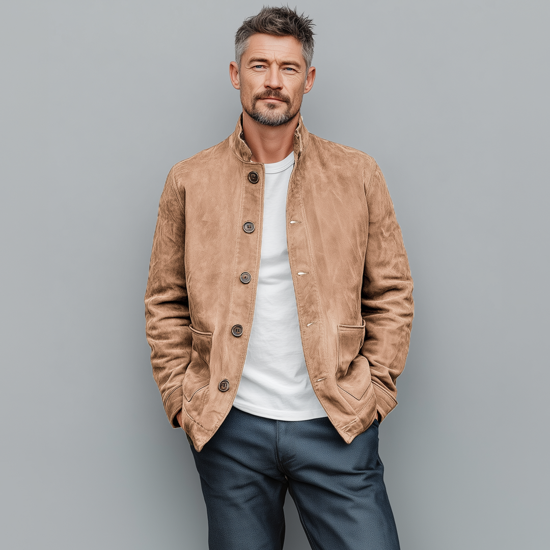 Men's Retro Casual Thin Suede Wooden Button Stand Collar Jacket DTT25080117