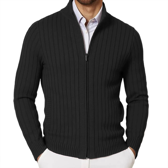 Men's Stand Collar Solid Color Striped Knit Zipper Cardigan DTT25081801