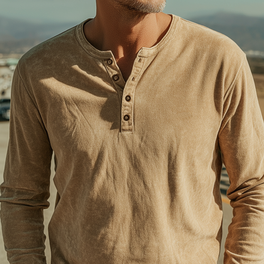 Men's Casual Western Style Henley Neck Thin Suede Long Sleeve T-Shirt DTT25080114