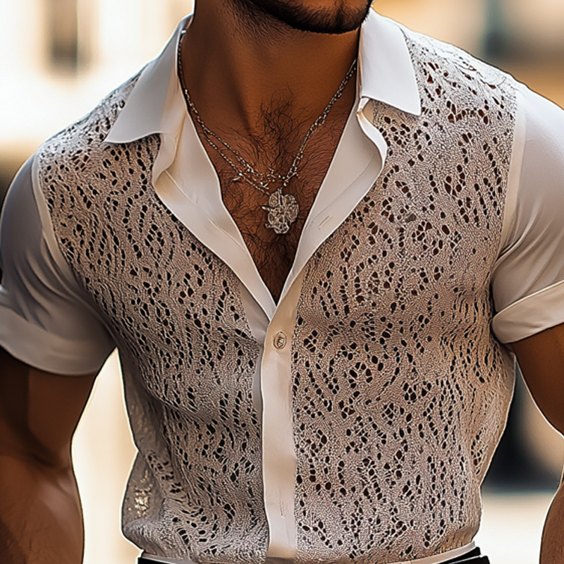 Men's Lace And Chiffon Stitching Lapel Short Sleeve Shirt DTT25070818