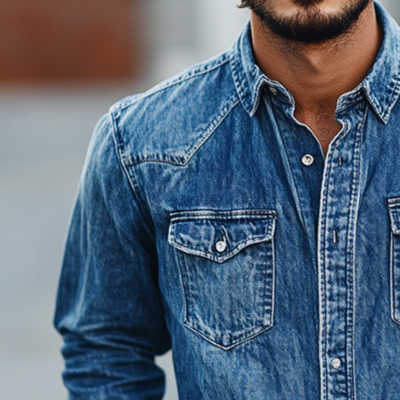 Men's Retro Casual Denim Washed Printed Lapel Long Sleeve Shirt 9904629448888