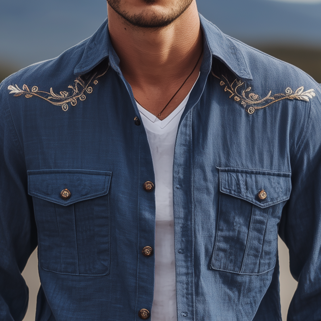 Men's Classic Casual Western Cowboy Style Embroidered Cotton And Linen Blend Long-sleeved Shirt DTT25080420