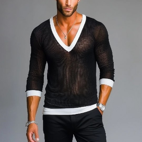 Men's Fashion Black and White Colorblock V-neck Long Sleeve T-shirt 9899721523384