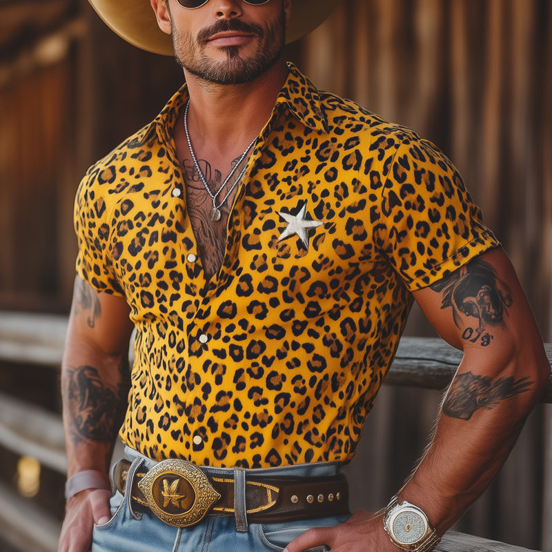 Men's Summer Leopard Print Star Embroidery Short Sleeve Shirt DTT25060407