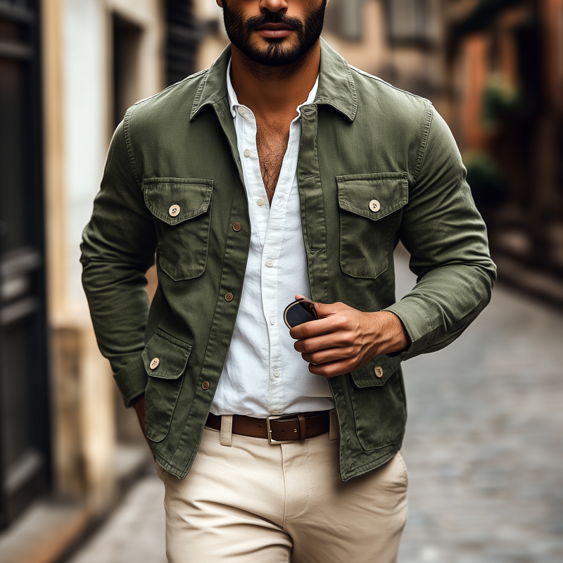 Men's Casual Breathable Cotton Washed Distressed Lapel Single-breasted Multi-pocket Work Jacket DTT25081306