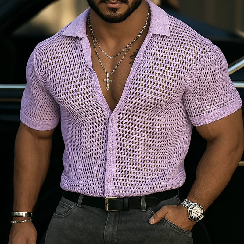 Men's Solid Hollow Knit Lapel Short Sleeve Shirt DTT25062314