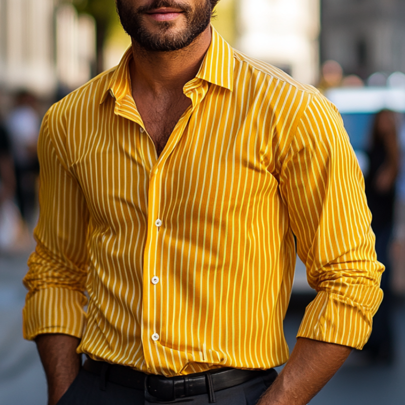 Men's Yellow Striped Lapel Long Sleeve Shirt 9892050337976