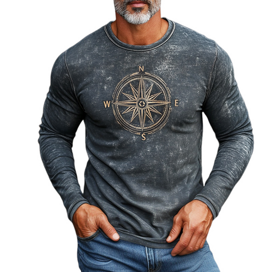 Men's Retro Casual Nautical Compass Printed Round Neck Long Sleeve T-Shirt 9911546282168