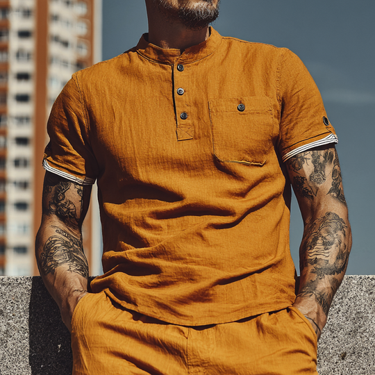Men's Cotton And Linen Stand Collar Contrast Color Short Sleeve Shirt DTT25063014