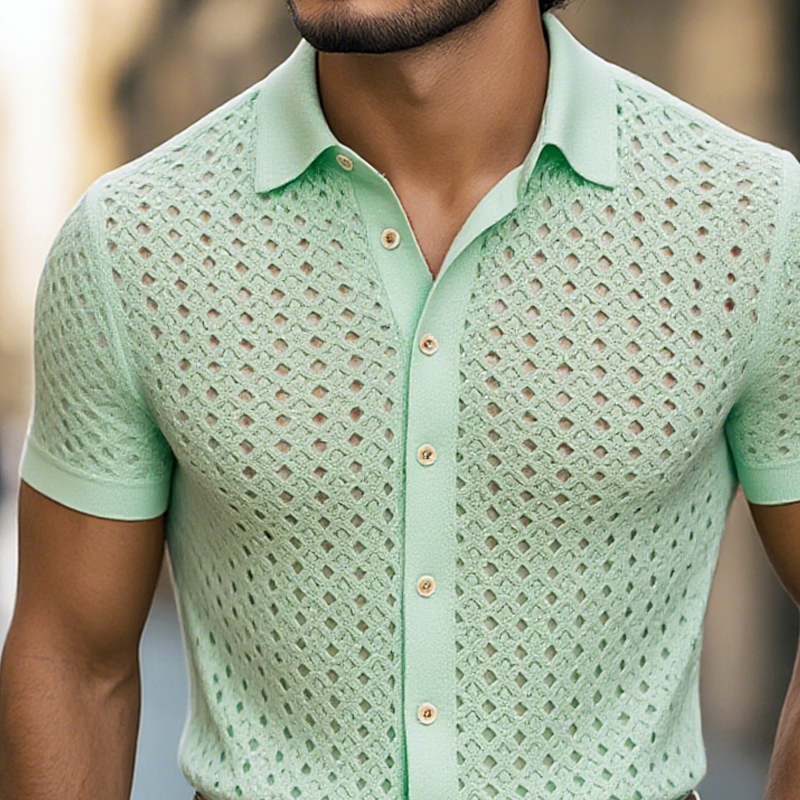 Men's Solid Hollow Knit Lapel Short Sleeve Shirt DTT25062315