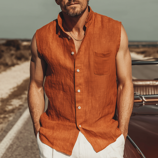 Men's Classic Casual Tencel Cotton Linen Stand Collar Sleeveless Shirt DTT25070404