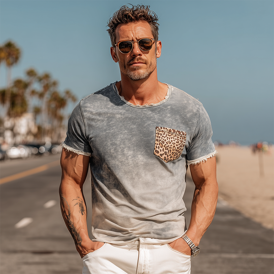 Men's Fashion Casual Cotton Blended Printed Distressed Stitching Leopard Print Pocket Raw Edge Slim Fit Short Sleeve T-shirt DTT25071707