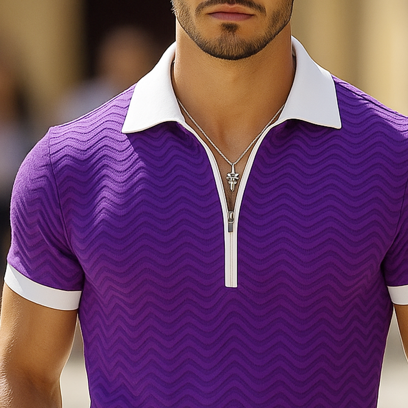 Men's Colorblock Wave Striped Lapel Short Sleeve Polo Shirt DTT25070416