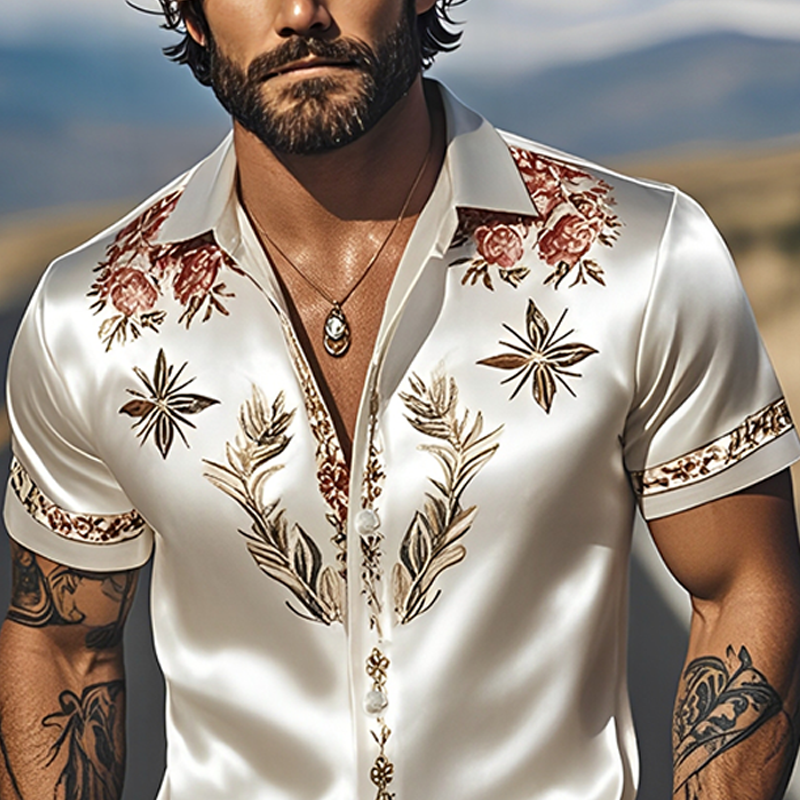 Men's Spring And Summer Fashion Casual Western Cowboy Style Satin Champagne Gold Print Short Sleeve Shirt DTT25060615