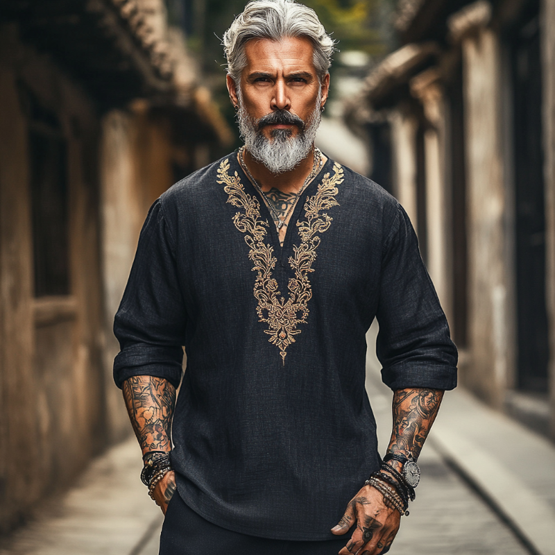 Men's Casual Vintage V-neck Cotton Blend Embroidered Long-sleeved T-shirt 9912945836216
