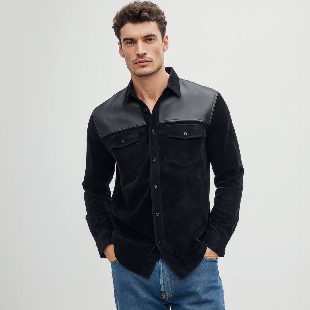 Men's Classic Casual Shoulder Stitching PU Leather Lapel Suede Long-sleeved Shirt DTT25080713