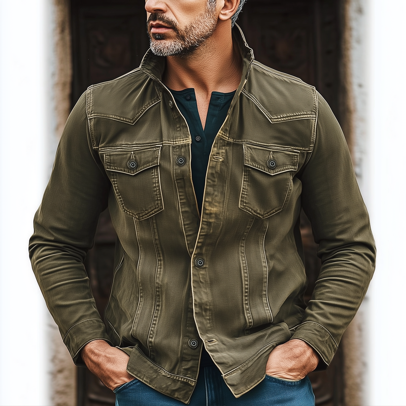 Men's Classic Faded Stand Collar Denim Jacket DTT25090403
