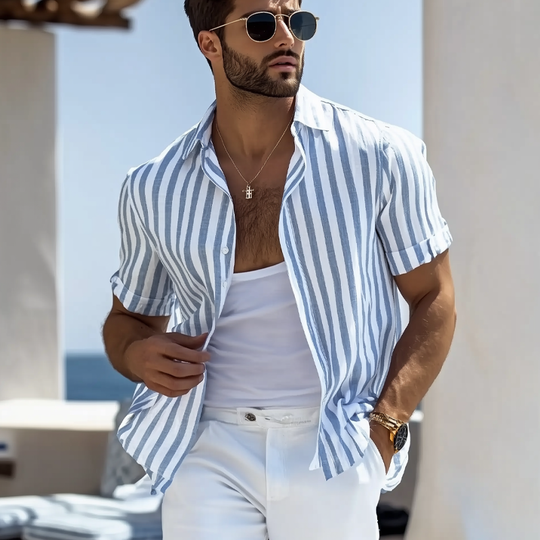 Men's Cotton And Linen Striped Short-sleeved Shirt DTT25072506