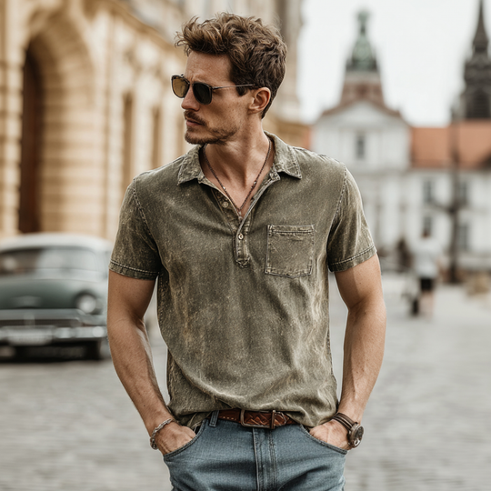 Men's Casual Outdoor Denim Washed Distressed Lapel Patch Pocket Slim Fit Short-sleeved Polo Shirt DTT25062318