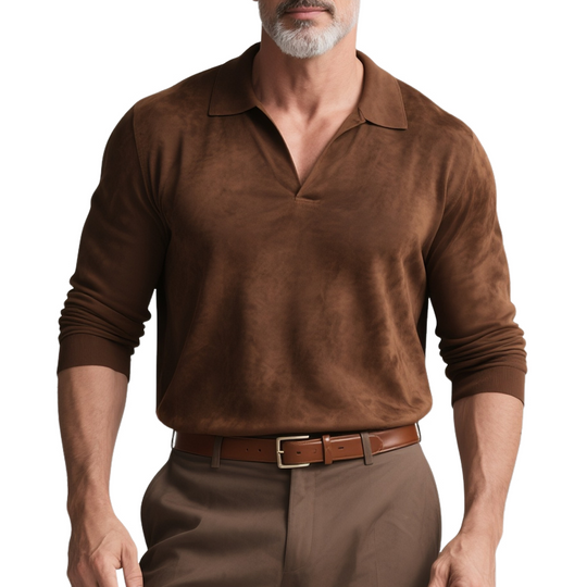 Men's Solid Faux Suede Lapel Long Sleeve Polo Shirt DTT25073113