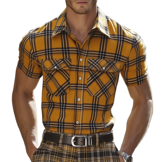Men's Summer Classic Yellow Plaid Short Sleeve Shirt DTT25072512