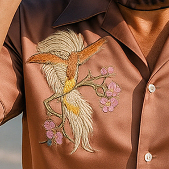 Men's Summer Fashion Satin Flower And Bird Embroidery Short Sleeve Shirt DTT25060403