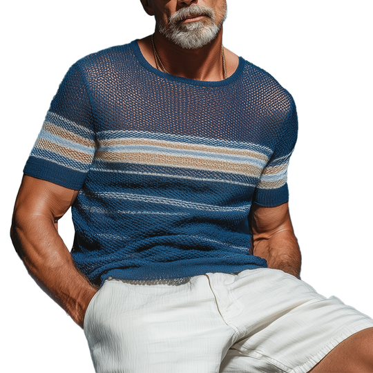Men's Summer Retro Striped Knitted Hollow Short Sleeve T-Shirt DTT25072118