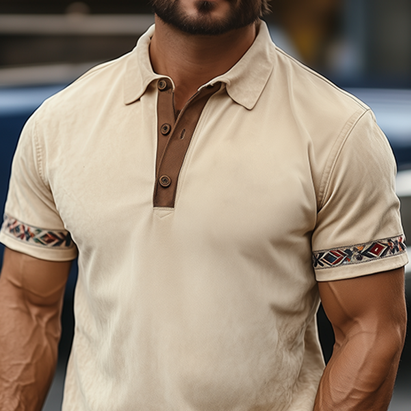 Men's Fashion Casual American Retro Western Tough Style Thin Suede Cuff Embroidery Slim Short-sleeved Polo Shirt DTT25061323