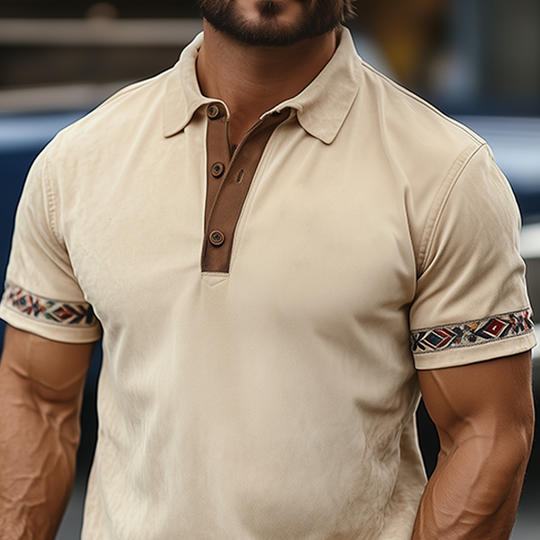 Men's Fashion Casual American Retro Western Tough Style Thin Suede Cuff Embroidery Slim Short-sleeved Polo Shirt DTT25061323