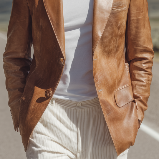 Men's Fashion  Retro Textured Leather Single-breasted Slim-fit Blazer DTT25080601