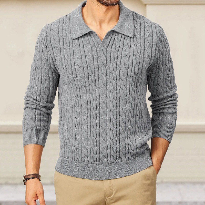 Men's Solid Color Slim-Fit Cable Textured POLO Neck Sweater DTT25081803