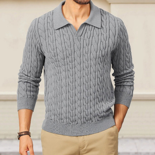 Men's Solid Color Slim-Fit Cable Textured POLO Neck Sweater DTT25081803