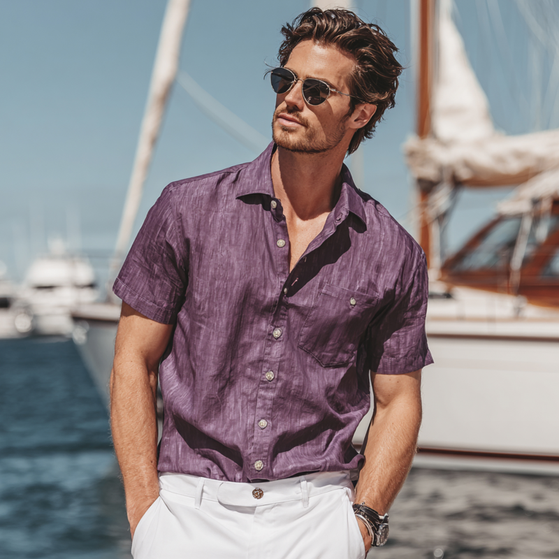 Men's Casual Breathable Cotton Linen Lapel Patch Pocket Loose Short-sleeved Shirt DTT25070217