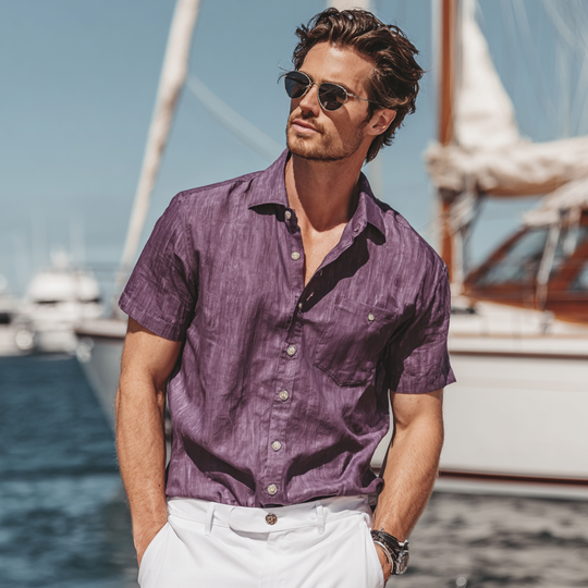 Men's Casual Breathable Cotton Linen Lapel Patch Pocket Loose Short-sleeved Shirt DTT25070217