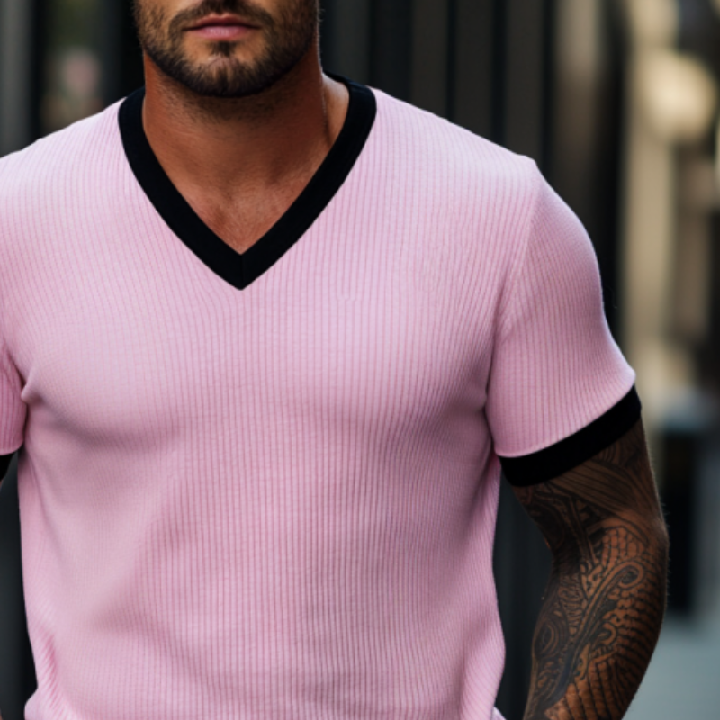 Men's Skin-friendly Ottoman Rib Colorblock Slim Fit V Neck Short Sleeve T-Shirt DTT25061318
