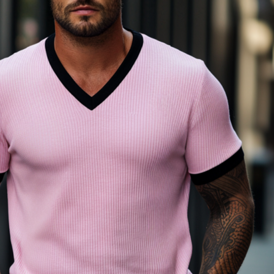 Men's Skin-friendly Ottoman Rib Colorblock Slim Fit V Neck Short Sleeve T-Shirt DTT25061318