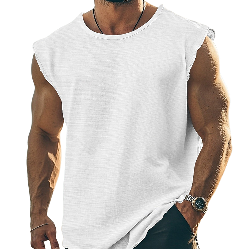Men's Solid Color Round Neck Cotton Blend Sleeveless T-Shirt DTT25072509