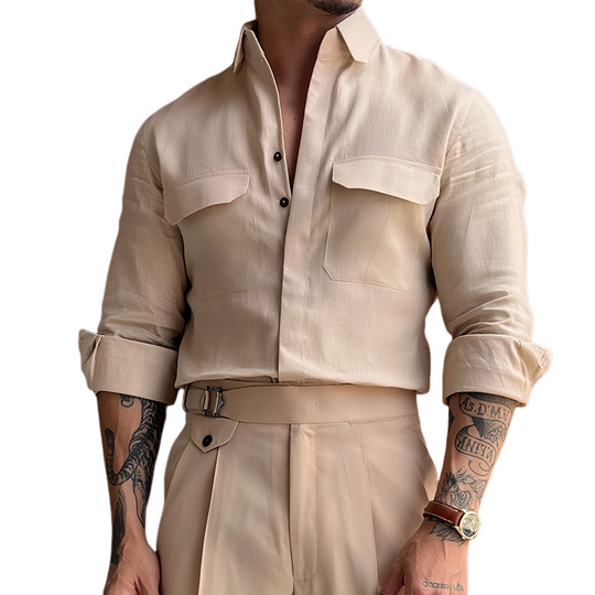 Men's Retro Casual Linen Solid Color Lapel Long Sleeve Shirt DTT25073002