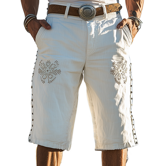 Men's Spring And Summer Casual Western Cowboy Style Cotton And Linen Embroidery Side Decorative Rivets Loose Length To Knee Shorts DTT25060613