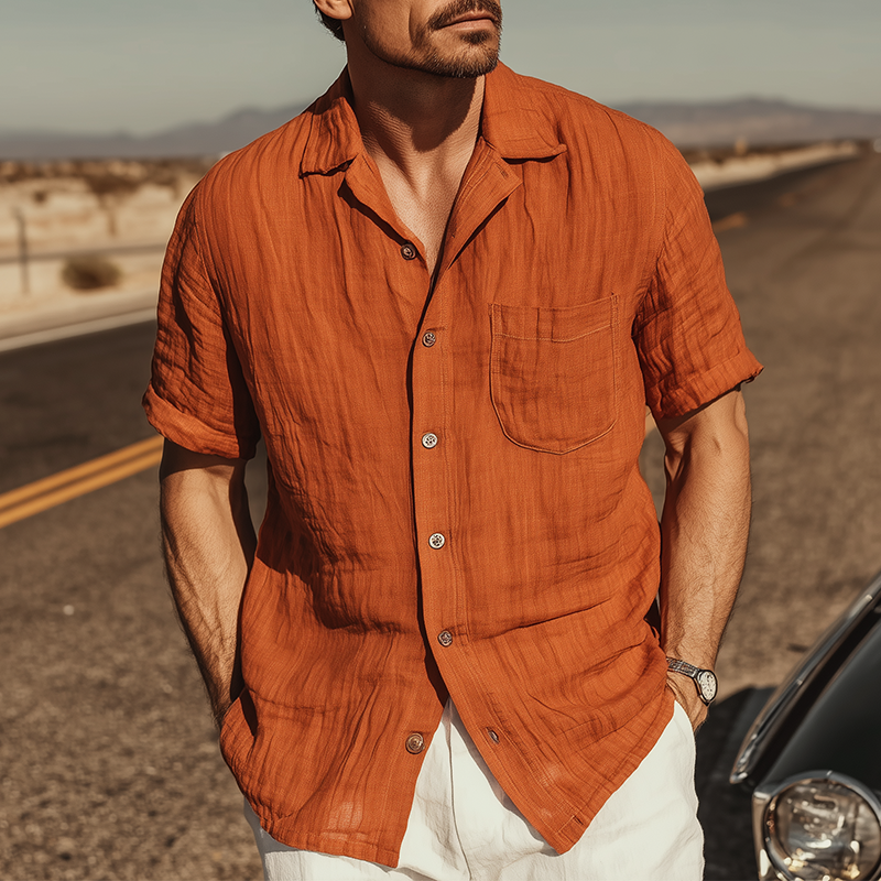 Men's Classic Casual Silk Cotton Pleated Short Sleeve Shirt DTT25070403